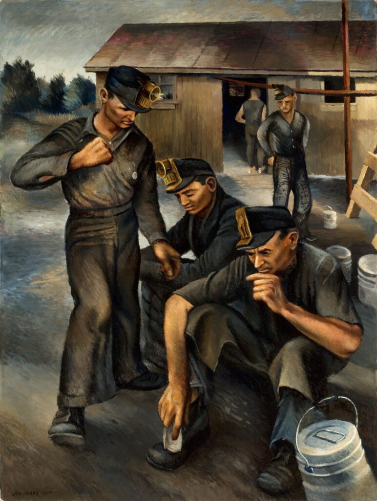 A group of coal miners sit outside of a structure, one standing with a raised fist. A boss observes them from the structure door.