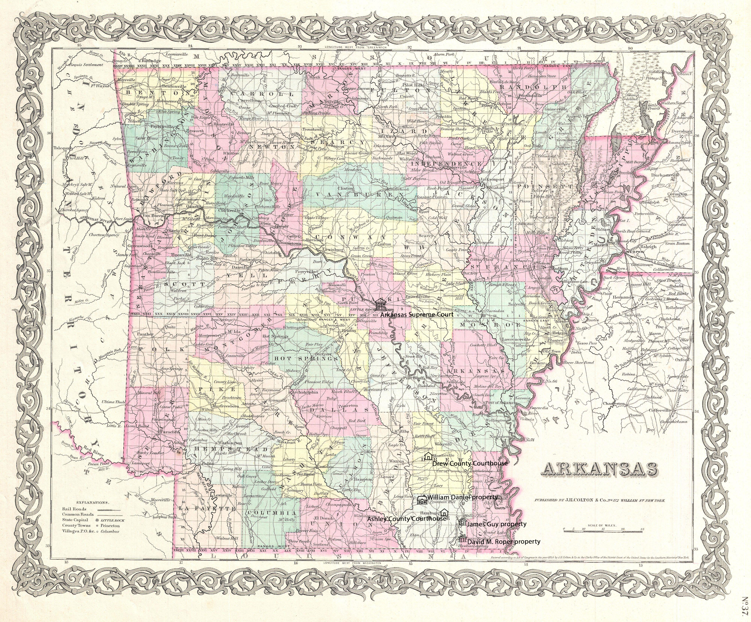 An 1855 color map of Arkansas, published by J. H. Colton, including the key Arkansas sites of the Guy v. Daniel case.