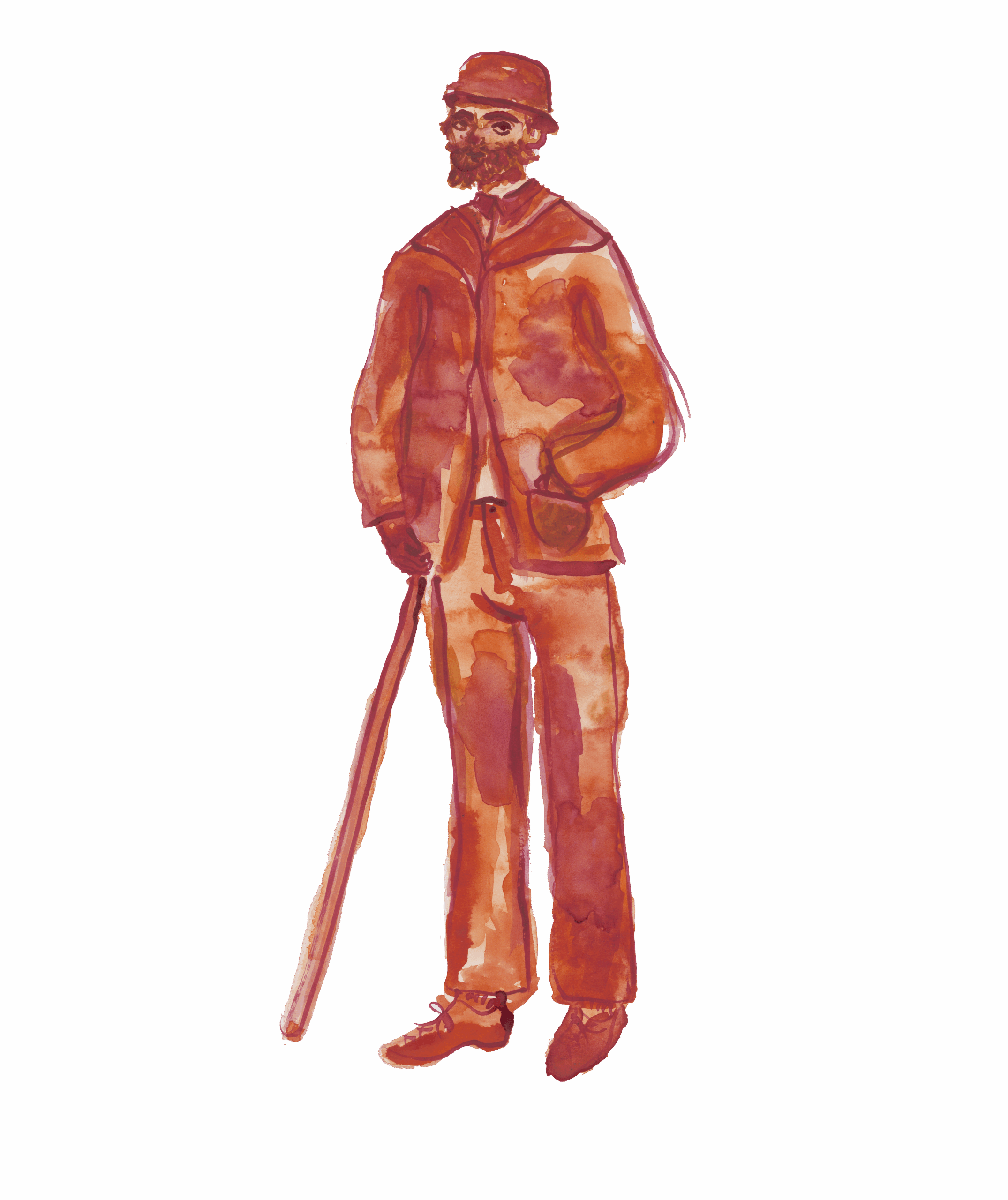 A watercolor imagining William Daniel as a mid-1800s upper-class man in orange, red, and rusty brown.