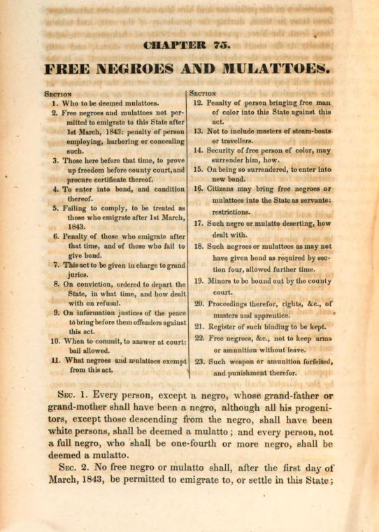 Page 546 from A Digest of the Statutes of Arkansas by E. H. English (Little Rock, 1848) with an 1843 Arkansas law defining "mulatto" and banning free black persons and "mulattos" from migrating to and settling in Arkansas.