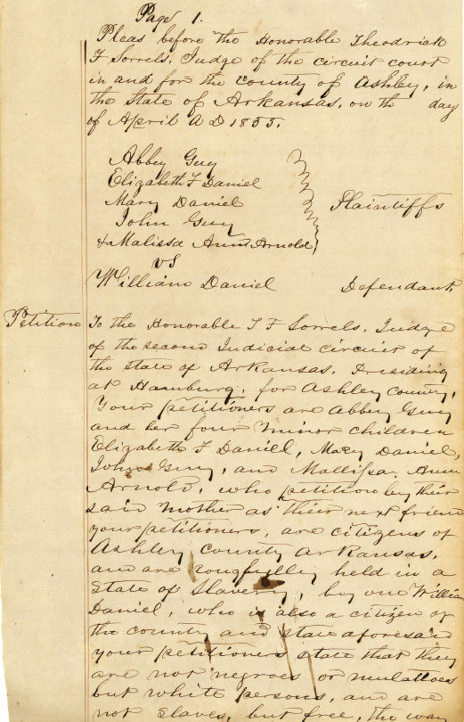Page 1 of the Guy v. Daniel case from the archives of the UA Little Rock William H. Bowen School of Law Library.