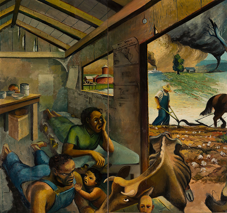 A painting of a family of sharecroppers in a dilapidated shack. An emaciated bull sticks its head through the doorway of the shack. Through the doorway, a planter is seen plowing under his crops as a tornado looms in the distance. 