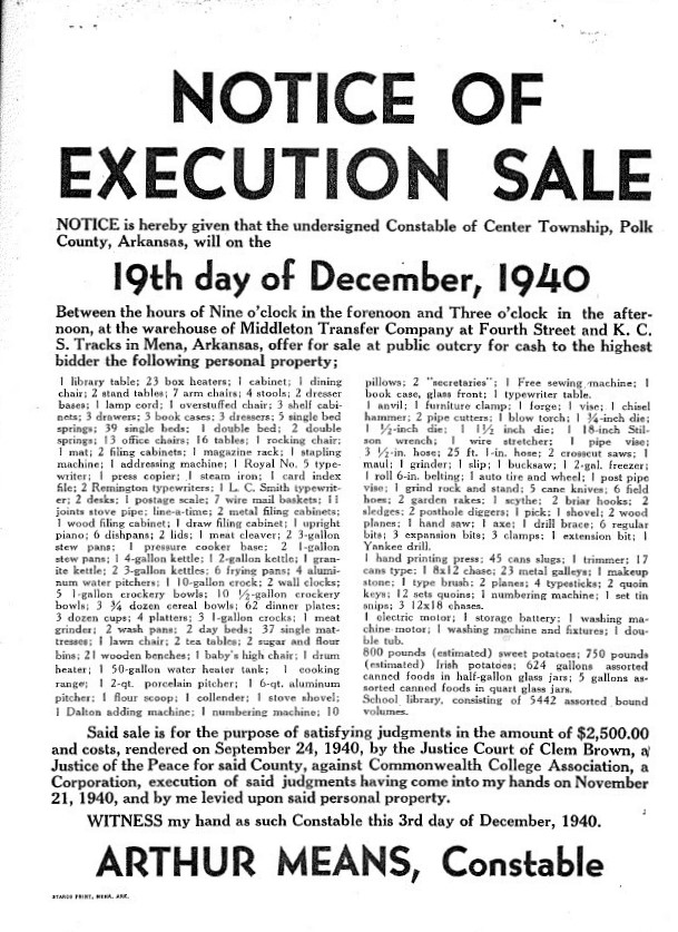 A flyer notifying the public of an execution sale/auction to take place on December 19, 1940. The flyer lists the materials being sold.