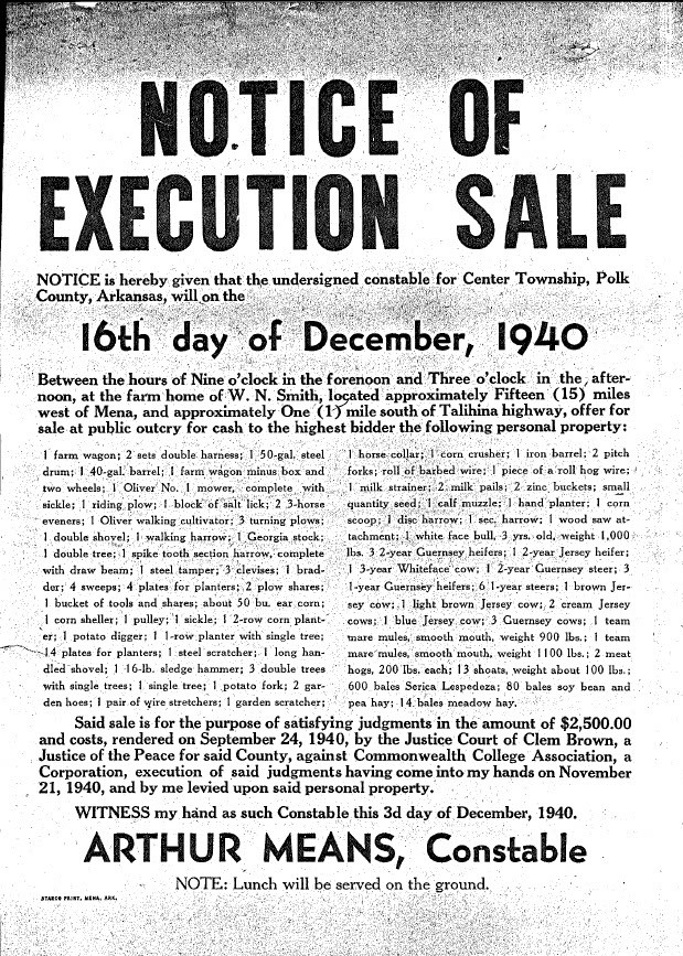 A flyer notifying the public of an execution sale/auction to take place on December 16, 1940. The flyer lists the materials being sold.