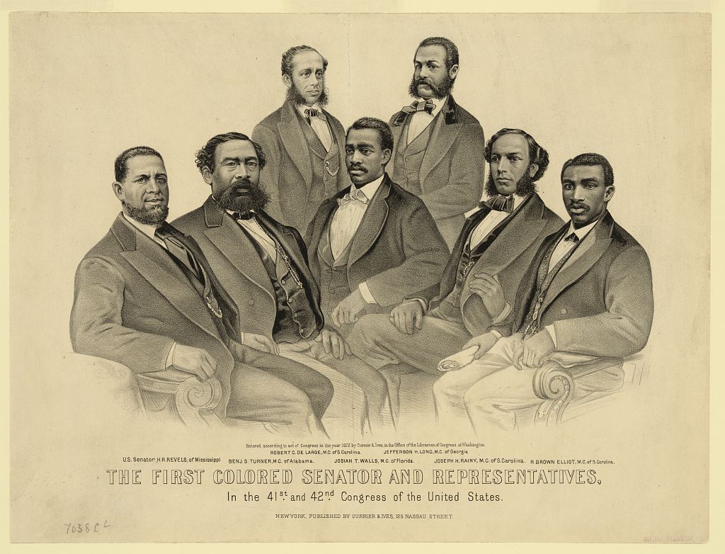 A sketch of men in suits. The text reads: "The first colored senator and representatives in the 41st and 42nd Congress of the United States."
