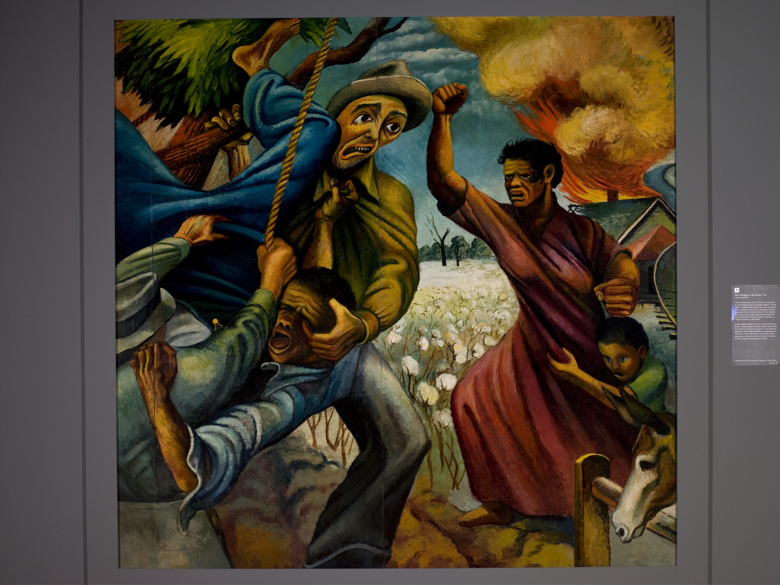 A painting depicting an attempted lynching. This photo was taken after conservation efforts. In-painting and paint stabilization has been done to restore the painting.