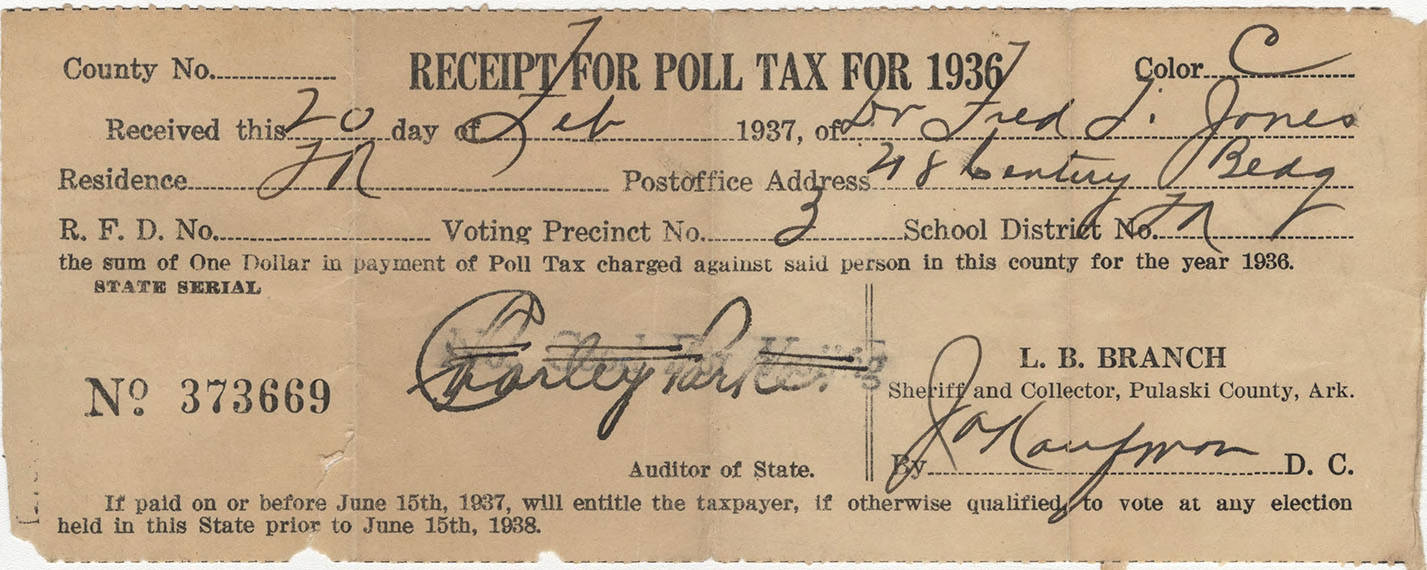 A scanned image of a poll tax receipt from Pulaski County, Arkansas issued to Dr. Fred T. Jones on February 20, 1937.