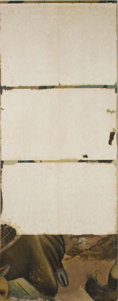 A mural panel before conservation efforts. Three pieces of wallpaper cover more than half of the panel. A partial image of an emaciated bull is on the bottom.
