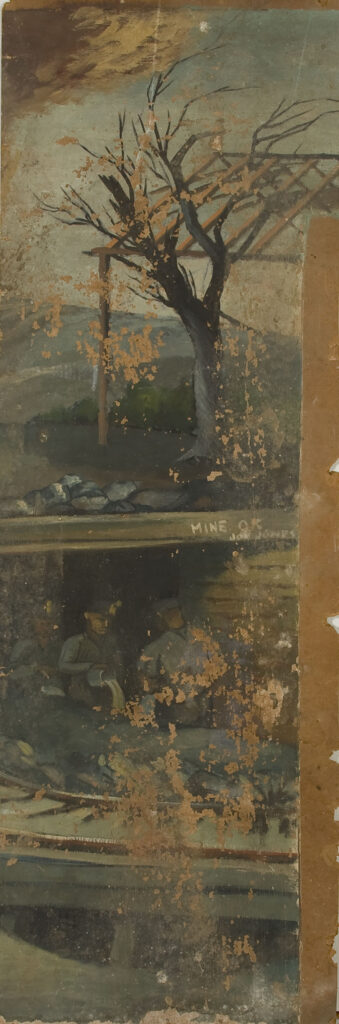 A mural scene depicting coal miners in a mine entrance in the ground. Above the entrance is a tree with no leaves. This is before conservation efforts, and there is paint loss throughout the painting. 