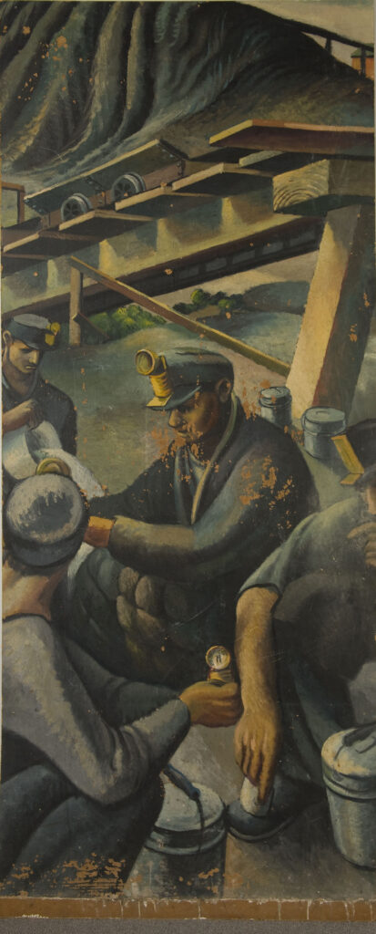 A mural scene of coal miners sitting in a group. A miner in the background is pouring water from a bucket. This is before conservation efforts, with some areas experiencing paint loss.