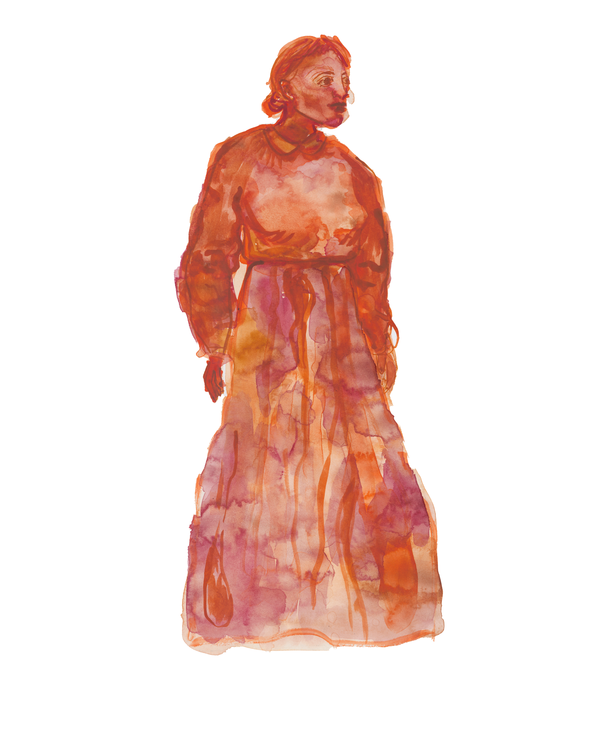 A watercolor imagining what Abby Guy looked like in orange, red, and rusty brown.