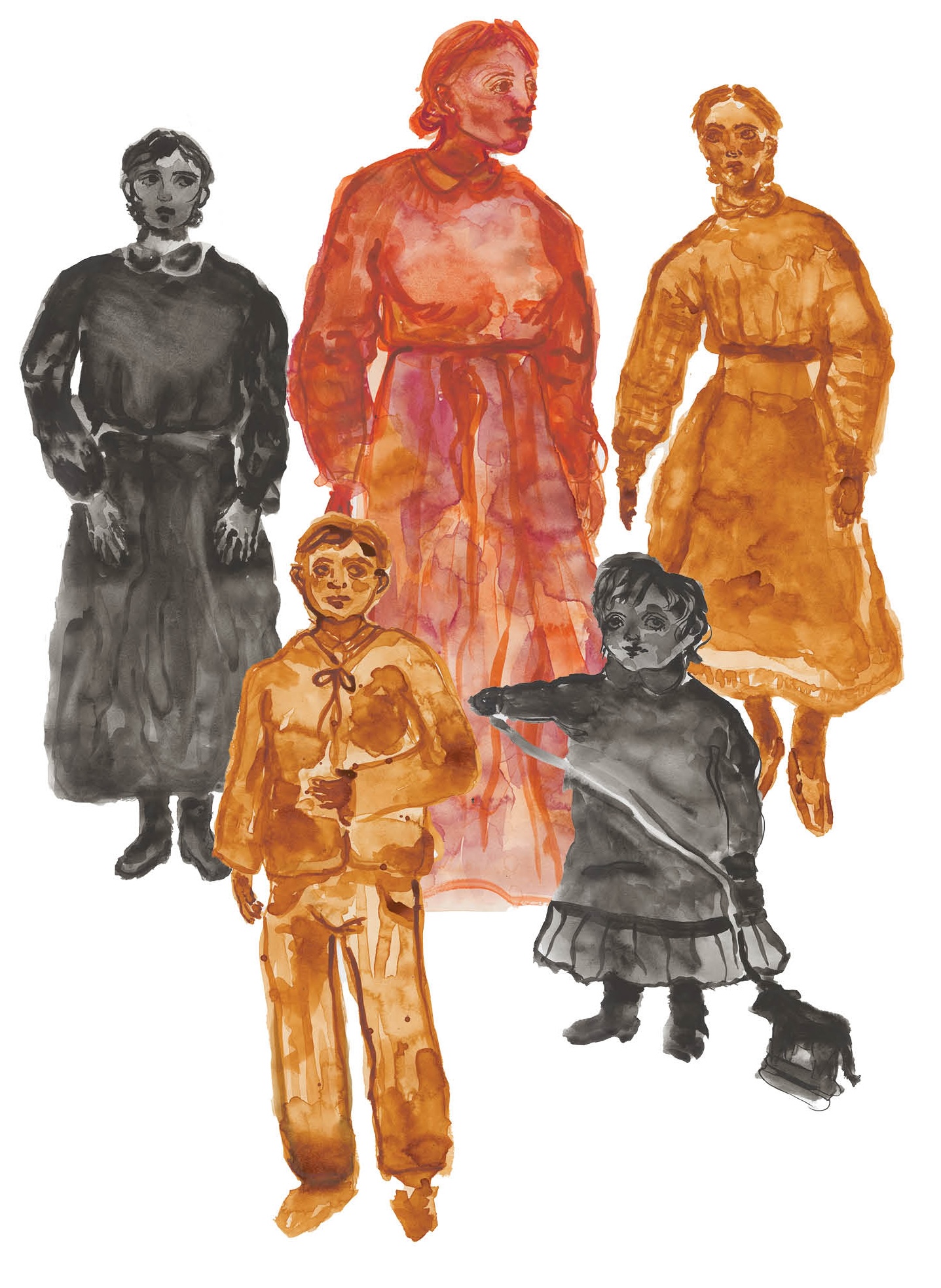 A watercolors imagining Abby Guy and her children, Elizabeth Daniel, Mary Daniel, John Guy, and Malissa Anne Arnold.