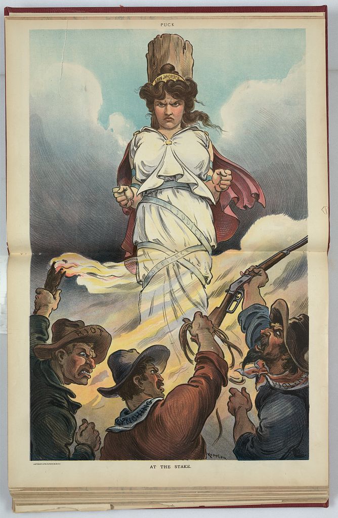 Illustration of three men labeled "Riot," "Lynching," and "Violence" burning a female figure labeled "Law and Order" at the stake. She is tied to the stake with ribbons labeled "Prejudice" and "Defiance".