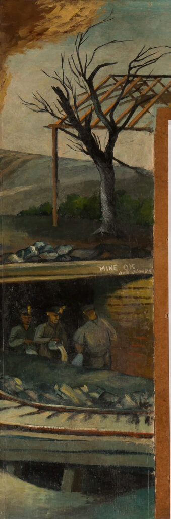 A mural scene depicting coal miners in a mine entrance in the ground. Above the entrance is a tree with no leaves. This is after conservation efforts. 