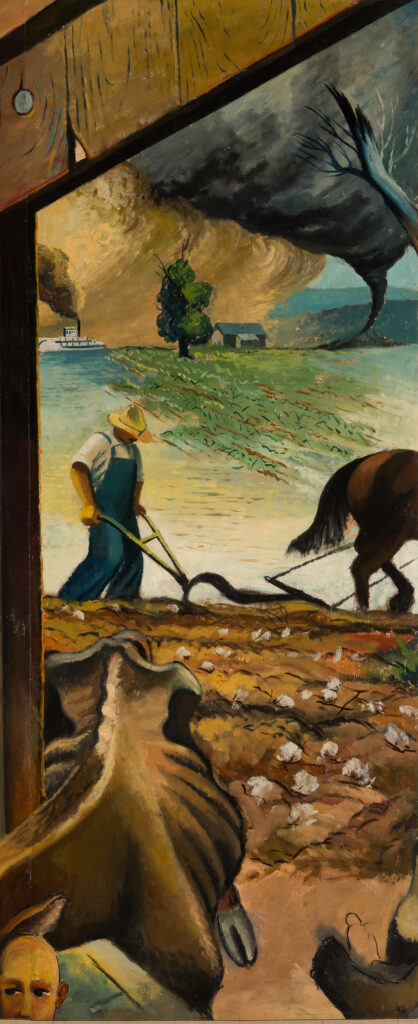 A mural panel after conservation efforts. A farmer is plowing under his crops as a tornado approaches in the background. On the bottom left corner, an emaciated bull sticks his head through the window of a shack.