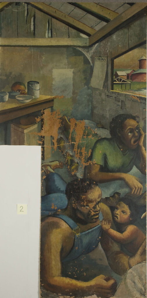 A mural scene depicting a family of sharecroppers in a shack. This is before conservation efforts and there is paint loss, especially in the middle of the painting. 