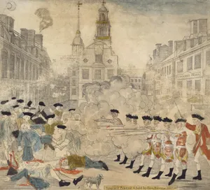 Paul Revere's engraving of the Boston Massacre, 1770 that depicts soldiers with muskets shooting at each other; clouds of smoke and buildings in the background